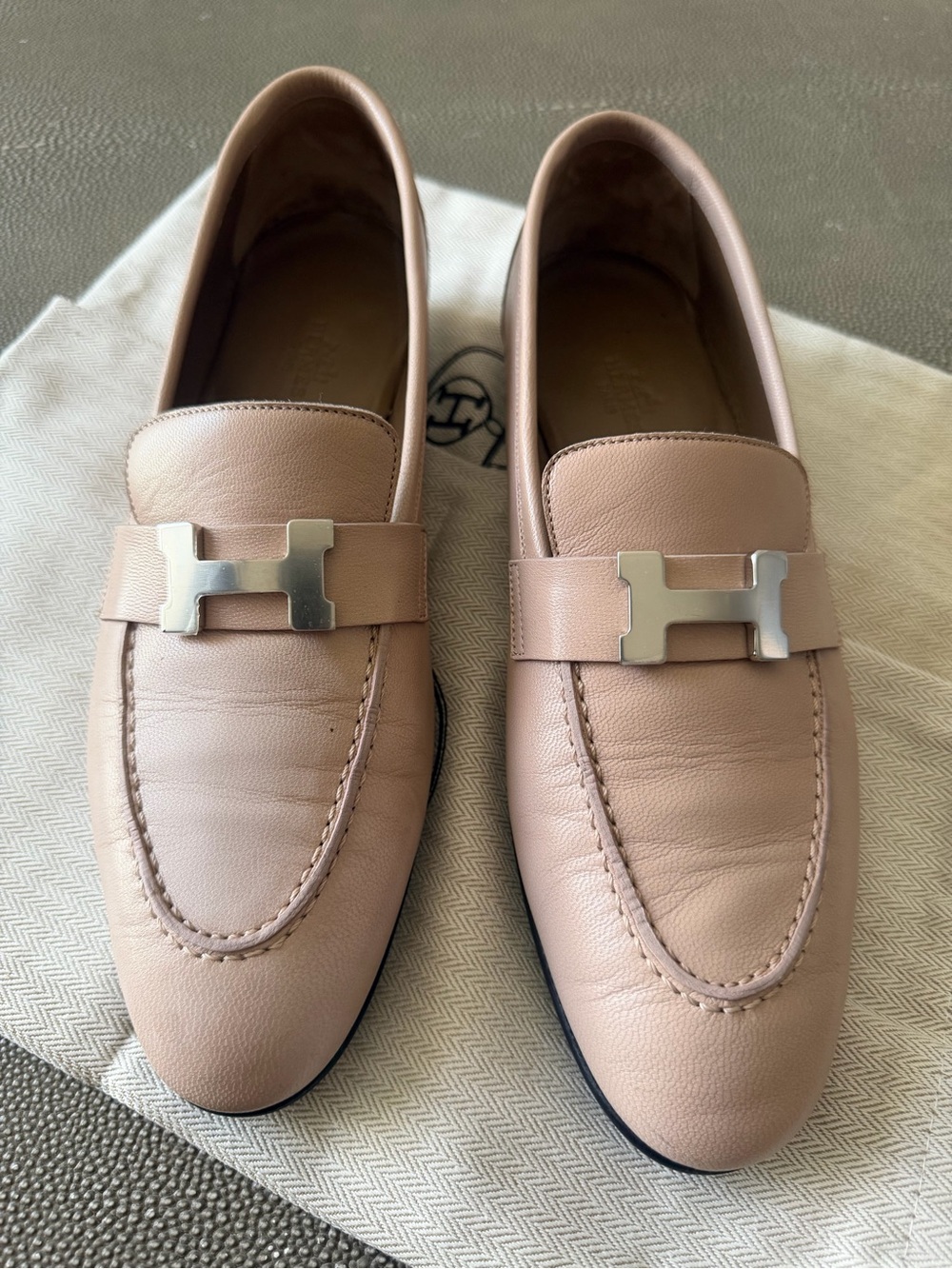 Hermes Nude Pink Leather H-Buckle Loafers